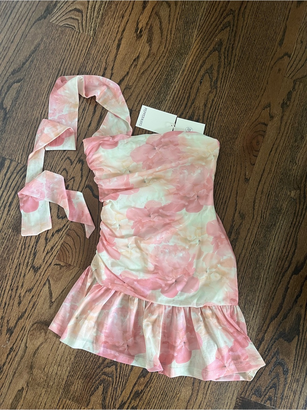 NWT Peppermayo Pink Floral Strapless Ruffle Mini Dress with Scarf Tie - Picture 2 of 2